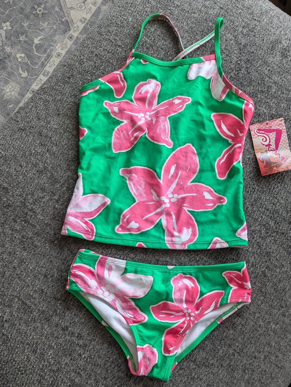 Kanusurf Girls' Floral Tankini Swim Set - Green & Pink
